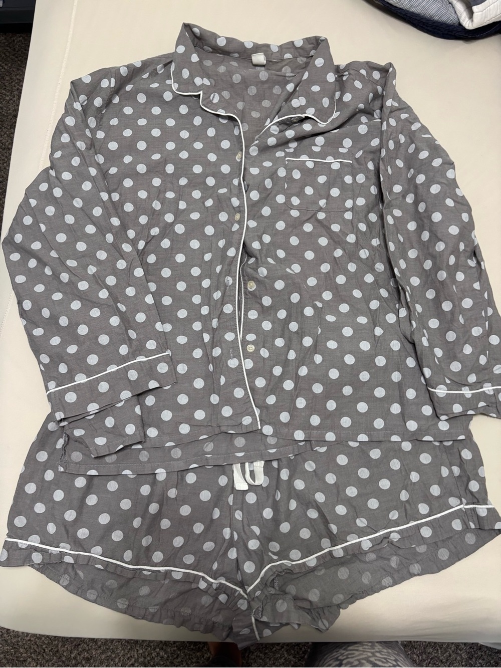 Womens Gray Polka Dot Pajama Set with White Piping